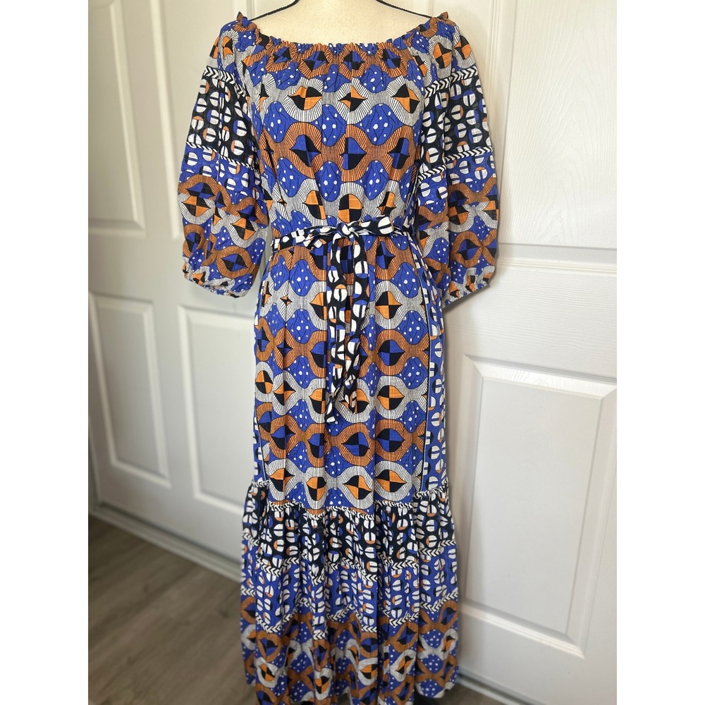 Anthropologie Off-The-Shoulder Maxi Dress XS Blue Orange Geometric NWT Belted‎